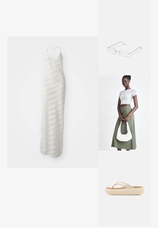 Hvid maxikjole med tynde stropper, der har et gennemsigtigt stofoverlæg med horisontale stribede mønstre og en tætsiddende silhuet.; Beige flip-flop sandal med en bred tåstrop og en tyk, rund sål. Har et glat overmateriale og en kontrasterende brun fodseng.; Guldmetal briller med ovale linser, slanke arme og klare næsepuder. Har subtile hængsel accenter og gennemsigtige linser.; Grå ribbet crop top og olivengrøn højhøjdet nederdel. Modellen holder en hvid skuldertaske med udskæringsdetaljer. Enkel design, tætsiddende silhuet.