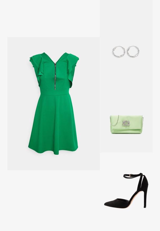 WAL G. DANYA RUFFLE SLEEVE ZIP SKATER DRESS - Jerseykjole - leaf green; Sorte ruskind højhælede sko med spids tå, ankelrem og stiletto hæl. Designet har en glat tekstur med minimal detaljer.; Mascara Clutches - apple; Sølv hoops med en bølget, uregelmæssig tekstur. Har en tynd, cirkulær form og en reflekterende finish.