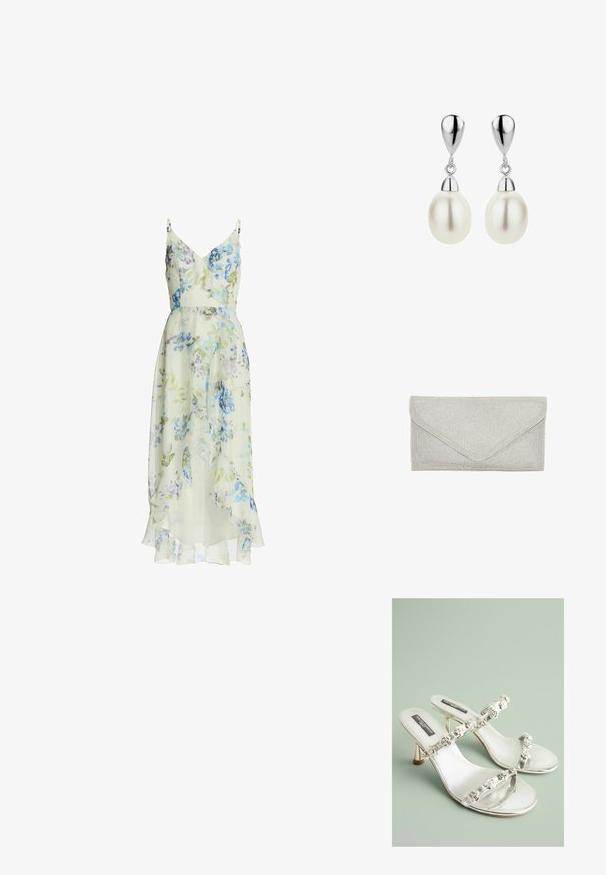 Florales Midikleid aus leichtem Stoff, grünlich-gelber Grundfarbe mit blauen und violetten Blumen, geraffter Ausschnitt und Saum, verstellbare Spaghettiträger.; Silberne Sandalen mit klaren Riemen und floralem Schmuck. Sie haben ein elegantes Design und eine glänzende Oberfläche, die sich für formelle Anlässe eignet.; Silberne Clutch mit einer strukturierten Oberfläche aus kleinen, glänzenden Perlen. Verfügt über eine Umschlagform und einen dreieckigen Klappverschluss.; DIAMANT L'ÉTERNEL Ohrringe - white gold-coloured