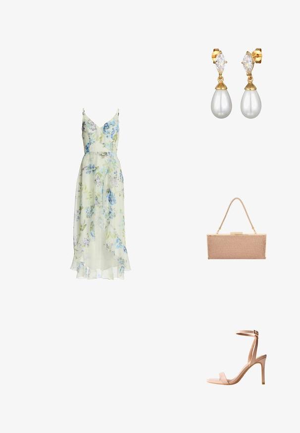 Robe mi-longue florale, tissu léger, base jaune verdâtre avec des fleurs bleues et violettes, encolure et ourlet à volants, bretelles spaghetti ajustables.; Sandale à talons hauts rose blush avec un design épuré, ouverture au bout, fine sangle de cheville et finition brillante. Elle comporte un talon aiguille élancé.; Pochette en métal rose doré avec une texture en maille, quincaillerie dorée et une fine bandoulière tressée.; Des boucles d'oreilles dorées présentent un cristal transparent taillé en marquise surmontant une perle blanche en forme de goutte. Texture lisse avec des finitions polies.