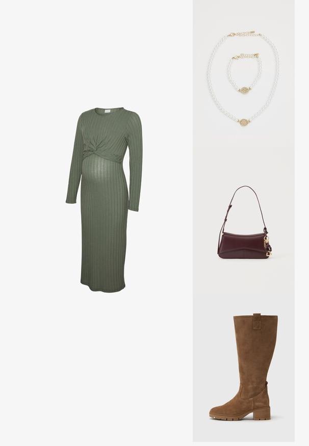 Robe de maternité côtelée vert olive à manches longues avec un détail de nœud twist au-dessus du ventre et un ourlet midi.; Tamaris Bottes - brown; Sac à bandoulière en cuir marron foncé avec bandoulière réglable et détails de quincaillerie dorée sur un fond uni clair.; Collier en perles et bracelet assorti avec fermoirs en or et petit charm rond en or décoré de petits cristaux sur fond blanc.