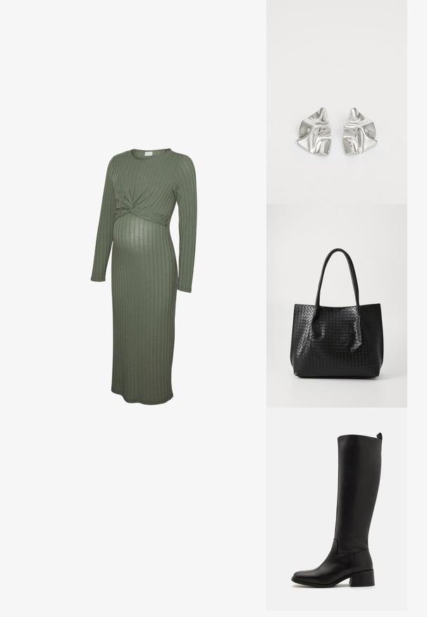 Robe de maternité côtelée vert olive à manches longues avec un détail de nœud twist au-dessus du ventre et un ourlet midi.; Botte noire montée à hauteur de genou en cuir lisse avec un talon blocs, une pointe arrondie et un design élégant sans embellissement.; Sac de tote en cuir tressé noir avec deux poignées, forme structurée et finition légèrement brillante sur un fond clair.; Boucles d'oreilles en métal argenté avec un design ondulé et sculptural, présentant une finition polie et des formes irrégulières, mettant en valeur une esthétique contemporaine.