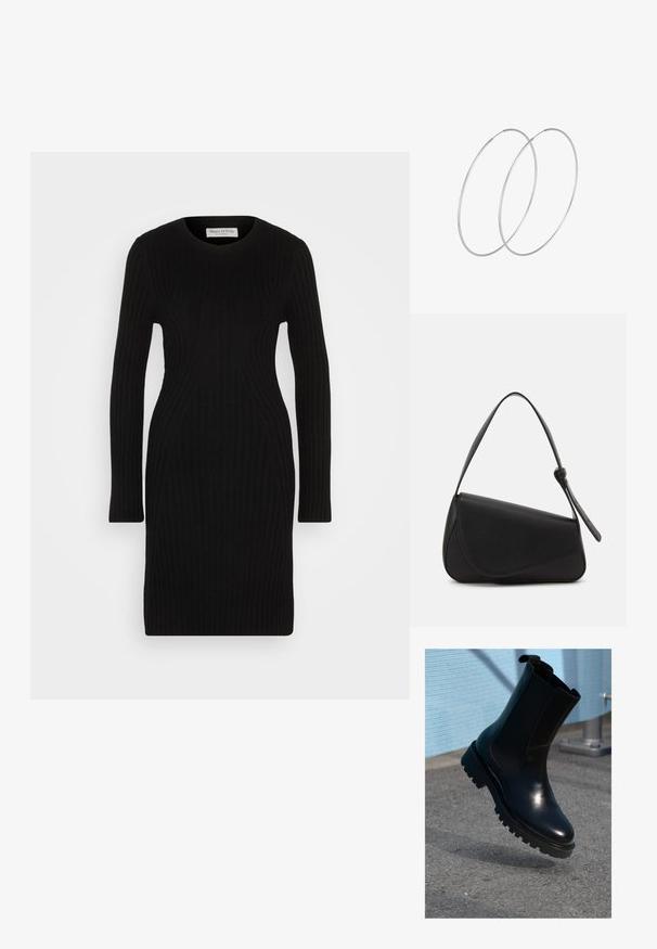 Schwarzes gestricktes Kleid mit langen Ärmeln, geripptem Textur und taillierter Silhouette. Rundhalsausschnitt und knielanges Design.; Schwarzer Leder-Stiefelette mit elastischen Seitenteilen, rundlicher Spitze und einer dicken, strukturierten Sohle. Glatte Oberfläche mit minimalistischem Design.; Schwarze Lederhandtasche mit dreieckiger Form, schrägem Klappdeckel und rundem Oberhandgriff. Verfügt über eine glatte Textur und minimalistische Designdetails.; Silberne Creolen mit minimalistischem Design. Rundform, glatte Oberfläche und dünnes Profil. Leichtgewichtig mit hochglänzender Oberfläche.