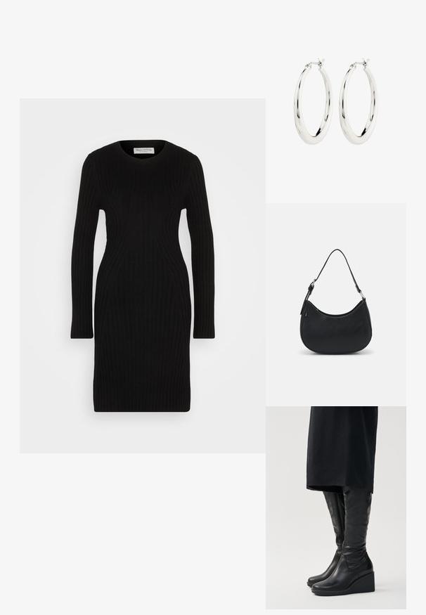 Schwarzes gestricktes Kleid mit langen Ärmeln, geripptem Textur und taillierter Silhouette. Rundhalsausschnitt und knielanges Design.; Schwarz lederne kniehohe Stiefel mit Keilabsatz, ausgestattet mit einer glatten Oberflächenstruktur und einem seitlichen Reißverschluss. Entworfen mit einer schlanken, körperbetonten Silhouette.; Schwarze Hobo-Tasche aus glattem Leder mit einer geschwungenen Silhouette, ausgestattet mit einem einzelnen verstellbaren Trageriemen und minimalistischem Design.; Silberne Creolen mit einer glatten, glänzenden Oberfläche. Kreisform, ausgestattet mit einem sicheren Verschluss. Einfaches und elegantes Design.