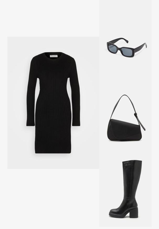 Sort strikket kjole med lange ærmer, ribbet tekstur og tætsiddende silhuet. Rundet halsudskæring og knælangt design.; Zign by Zalando LEATHER - Højhælede støvler - black; Sorte rektangulære solbriller med mørkt tonede linser, tyk plastramme og brede stænger. Glat overflade og kantet design.; Sort læderhåndtaske med en triangular form, skrå klap og et rundt håndtag. Har en glat overflade og minimalistiske design detaljer.