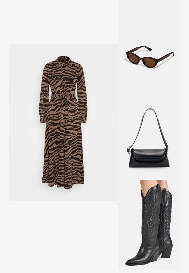 Vero Moda VMSHILAH NAJA LONG SHIRT DRESS - Maxi-jurk - brown lentil/perla; Zwarte leren cowboylaarzen met spitse neuzen, decoratieve stiksels en schuine blokhakken gedragen door een persoon.; Bruine schildpad zonnebril met een vintage cat-eye vorm en bruine lenzen. Heeft gebogen armen met rode accenten.; Zwarte leren handtas met een gestructureerde vorm, een gladde textuur en een enkele schouderband. Heeft een subtiele, afgeronde klepontwerp.