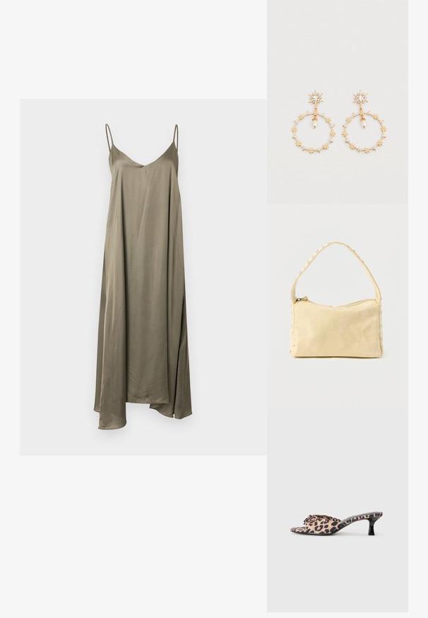 Robe longue sans manches en satin vert olive avec fines bretelles et un décolleté en V subtil, coupe fluide et ample, fendue sur le côté.; Mules en imprimé léopard avec un petit talon aiguille noir. Tige en tissu doux avec un détail de nœud à l'avant et une semelle plate lisse.; Petit sac à main en cuir beige avec une seule bandoulière et des clous argentés le long des bords et de la bandoulière, posé sur un fond uni.; Boucles d'oreilles créoles en or avec clous en forme d'étoile, accents floraux et pendants de perles. Métal texturé avec détails complexes et ornements de perles transparentes.