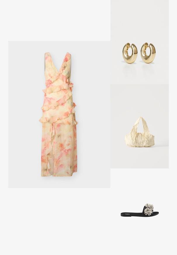 Vestido maxi sin mangas en tonos pastel rosa y durazno con estampado floral, volantes en capas y escote pronunciado en V sobre un fondo liso.; Sandalia negra de plataforma con tres apliques florales texturizados en blanco en la parte superior. El diseño tiene una suela plana y punta abierta.; Bolso de tela texturizada color crema con asas superiores y un pequeño detalle de lazo atado en el centro del frente.; Pendientes de aro en tono dorado con una superficie lisa y pulida. Forma circular con una abertura que destaca un diseño moderno.
