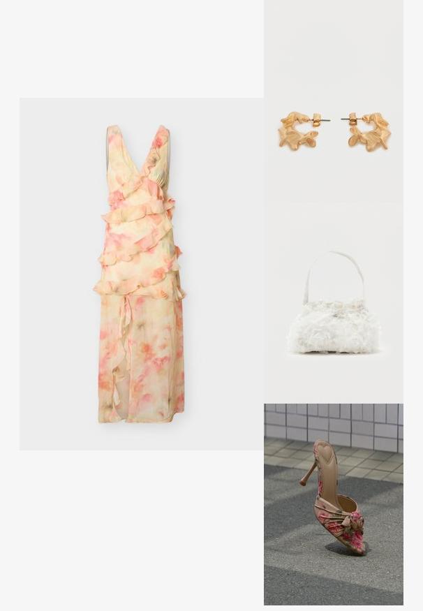 Robe longue sans manches aux tons pastel rose et pêche avec des motifs floraux, volants superposés et un décolleté en V profond sur un fond uni.; Chaussure à talons hauts à imprimé floral, avec un bout pointu, fond nude, et un détail froncé à l'avant, agrémentée d'un accent de rose.; Petit sac à main blanc orné de roses en tissu recouvrant le corps et d'une fine anse unique, sur un fond uni.; Boucles d'oreilles dorées avec une forme abstraite et organique, présentant une surface texturée et une fermeture à poussette.