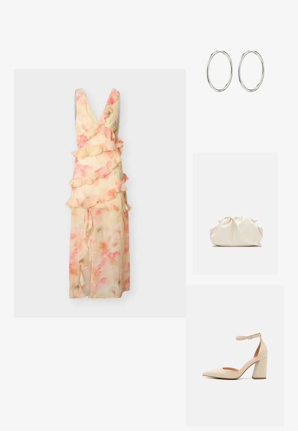 Ærmeløs maxi-kjole i pastelrosa og fersken med blomsterprint, lagdelte flæser og dyb V-udskæring på ensfarvet baggrund.; Beige patentlæder højhælede pumps med spids tå, ankelrem og kraftig hæl. Glat tekstur med minimale syninger.; Blød, cremefarvet læder clutch taske med samlet, rynket design og en tynd skulderrem, der hviler foran på en ensfarvet baggrund.; Sølvøreringe med en glat, poleret overflade. Rund form, letvægtsdesign med en sikker låsemekanisme.