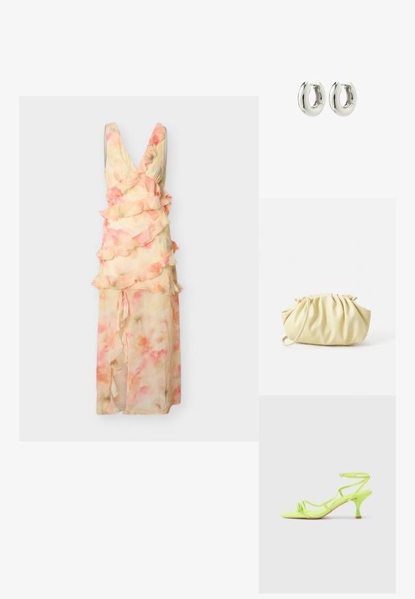 Ærmeløs maxi-kjole i pastelrosa og fersken med blomsterprint, lagdelte flæser og dyb V-udskæring på ensfarvet baggrund.; Neon grøn højhælede sandal med firkantet tå, tynde stropper, ankelspænde og buet hæl. Glat materiale med en blank finish.; Gul plisseret håndtaske lavet af glat kunstlæder, med en blød form, en enkelt skulderrem og samlet topdesign.; Sølvøreringe med en glat, afrundet design og en blank finish. Har en enkel hængselåbning for nem påføring.