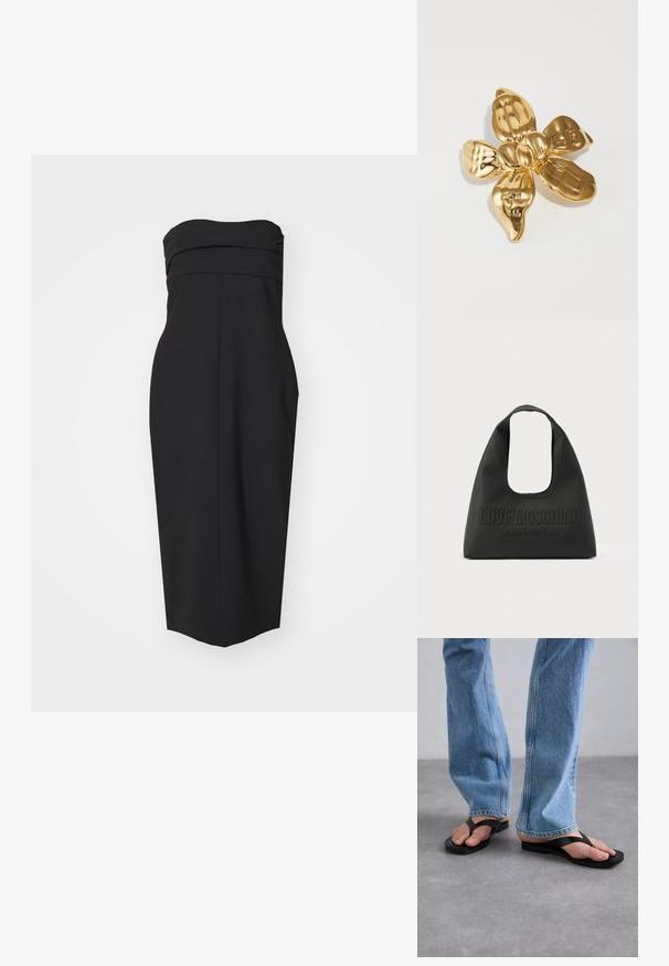 Vestido negro sin tirantes con un torso ajustado, detalle de pliegues y corte recto. Está hecho de una tela suave sin patrones o acentos visibles.; Chanclas negras con una amplia correa en forma de V, hechas de goma. Llevadas con jeans rectos de color azul claro, que muestran un denim texturizado.; Bolso negro de material liso, con un asa redondeada recortada, logo en relieve "LOVE MOSCHINO" y la frase "Made with love".; Broche de oro con forma de flor, compuesta por cinco pétalos curvados, con un acabado brillante y un centro redondeado que resalta texturas suaves y reflectantes.