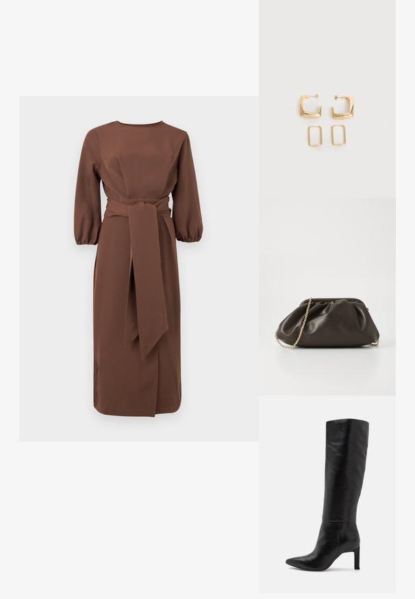 Bruine midi-jurk met driekwart pofmouwen en een brede stoffen ceintuur gestrikt in de taille, voorzien van een bescheiden ronde halslijn en een rechte rok.; Knee-high zwarte leren stiletto laarzen met een spitse neus en een gladde textuur. De hak is blokstijl, wat stabiliteit aan het ontwerp toevoegt.; Bruine leren handtas met een geaccentueerd ontwerp, gouden kettinghengsel en een zachte, textuurafwerking. Compacte vorm geschikt voor avondgebruik.; Twee paar gouden geometrische creolen op een effen witte ondergrond, een paar vierkant en massief, een paar rechthoekig en hol.