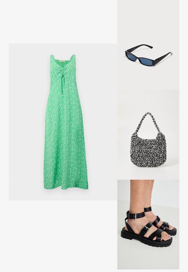 Groene mouwloze maxi-jurk met klein wit bloemenpatroon en gerimpelde strikdetail aan de voorkant op de borst.; Zwarte leren sandalen met brede banden en een enkelgesp. Stevige zool met een getextureerde afwerking. Open teenontwerp voor ademend vermogen.; Zwarte zonnebril met een slank rechthoekig frame en blauwe lenzen. Heeft een gladde textuur en stevige pootjes. Merklogo aan de zijkant.; Geweven handtas in zwart en wit met een ronde vorm, gestructureerd oppervlak en een gevlochten handvat. Geschikt voor dagelijks gebruik.