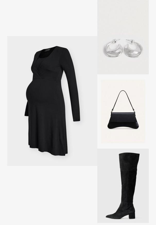 Robe de maternité noire à manches longues avec un corsage ajusté et une jupe évasée, conçue pour le confort et le style pendant la grossesse.; Bottes noires en daim montant au-dessus du genou, avec un bout pointu et un talon bloc. Texture lisse avec des coutures latérales et une coupe ajustée.; Sac à main en cuir noir avec un fond arrondi, une fermeture à rabat et une seule fine bandoulière, sur un fond clair uni.; Une paire de boucles d'oreilles en croissant argenté poli avec des supports en plastique transparent sur une surface blanche.