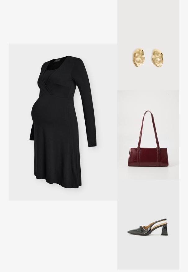 Robe de maternité noire à manches longues avec un corsage ajusté et une jupe évasée, conçue pour le confort et le style pendant la grossesse.; Chaussure slingback en cuir verni noir avec un bout pointu, un talon triangulaire et une sangle décorative avec des accents en argent. Texture lisse.; Sac à main bordeaux en matériau brillant, de forme rectangulaire, avec deux anses et des accents légèrement courbés à l'avant.; Paire de boucles d'oreilles en métal doré brillant, de forme irrégulière, avec une surface froissée et lisse sur un fond clair uni.