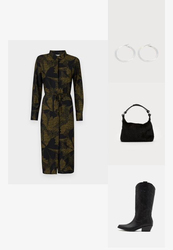 JDY JDYLIZA SHIRT DRESS - Särkkleit - winter moss; Mustvalge nahkne cowboy saabas terava varbaga, madala kuhjatud kontsaga ning keeruka reljeefse lehemustriga säär. Üleval servas silmus mugavaks selga panemiseks.; Mustast kunstkarusnahast käekott, millel on pehme tekstuur, ümar kuju ja tugev must nahast õlarihm. Nähtavad hõbedased detailid.; Paari läikiva hõbedase rõngaskujulise kõrvarõngastega, millel on õhukesed traatlukkud, kuvatud heleda halli taustal.