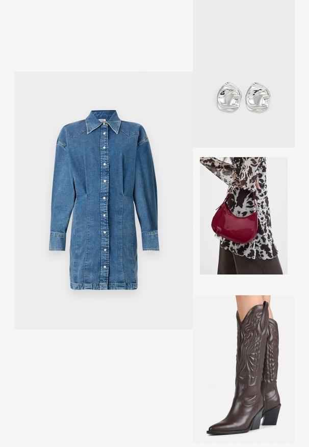 Denim shirt jurk, lichtblauw, lange mouwen, knoopsluiting aan de voorkant, puntige kraag, zijnaad met lichte rimpeling en gestikte details.; Donkerbruine leren cowboylaarzen tot over de knie met puntige neuzen, decoratieve stiksels en schuine blokhakken gedragen door een persoon.; Vrouw met een zwart-wit gebloemde blouse houdt een glanzende rode schoudertas vast tegen een effen achtergrond.; Zilveren abstracte studs met een gepolijste afwerking, met gladde rondingen en subtiele contouren. Geen zichtbare patronen of accenten.