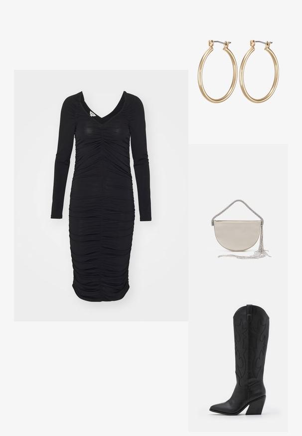 Vero Moda VMGILSA V NECK CALF DRESS - Päevakleit - black; Mustad nahast cowboy-bott, millel on terav nina, kitsenev kiilukujuline konts ja dekoratiivne tikand külgedel.; Beige satiinist poolkuu vormis käekott, millel on sädelev hõbedane ahelkand ja frantsiisidetailid. Sile tekstuur ja minimalistlik disain.; Kuldsed metallist rõngaskõrvarõngad sujuva ringikujulise disainiga ja kindla hingedega sulgemisega. Kerged ja poleeritud viimistlusega.