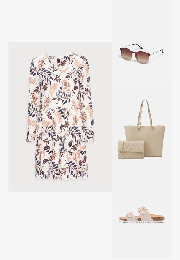 TOM TAILOR DRESS WITH FLOUNCE - Hverdagskjole - white; Beige slidesandaler med to justerbare stropper og guldfarvede spænder. Korksål med en struktureret hvid gummisål.; Runde solbriller med brune gradientlinser, en tortoiseacetatramme og gyldne metalakcenter på broen og stængerne.; Beige tote bag med flade håndtag, glat tekstur og guld hardware, parret med en matchende quiltet clutch med kædestrop.