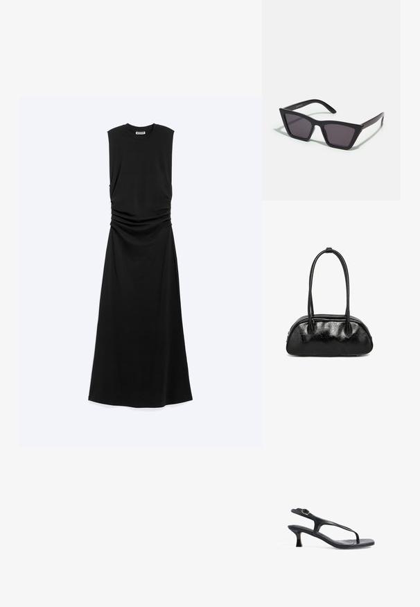 Ärmelloses schwarzes Maxikleid mit gerafftem Taillendetail und rundem Ausschnitt, flach auf einen hellen Hintergrund gelegt.; Schwarze Ledersandale mit schlankem Design, dünnen Riemen und einem kleinen Absatz. Verfügt über eine Schnallenakzent und eine glatt strukturierten Fußbett.; Schwarze, eckige Sonnenbrille mit grauen Gläsern; aus Kunststoff gefertigt, mit dicken Bügeln, die eine glatte Oberfläche und keine sichtbaren Beschläge haben.; Schwarze Lederhandtasche mit einer rissigen Textur, ovaler Form und zwei abgerundeten Griffen. Verfügt über einen Reißverschluss entlang der oberen Kante.