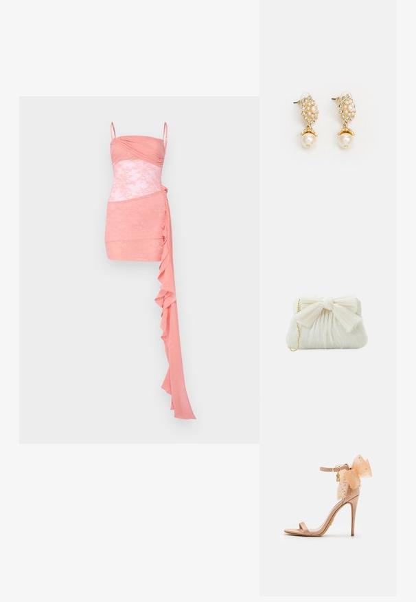 Robe de cocktail rose avec un corsage ajusté, des fronces, des accents en dentelle, des bretelles spaghetti et un détail de volants drapés sur un côté.; Sandale à talons hauts nude avec un nœud en tissu transparent orné, bride de cheville et un talon aiguille fin. Finition satinée lisse.; Sac à main plissé blanc avec un nœud proéminent et une chaîne dorée. Texture douce avec un design froncé à l'avant.; Boucles d'oreilles dorées avec un design floral, accentuées de perles et d'une plus grande perle pendante. Embellies de petits cristaux transparents.