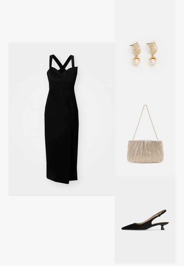 Robe noire sans manches avec des bretelles croisées, un buste texturé et une fente sur le côté, présentant une silhouette ajustée et un tissu lisse.; Chaussure slingback noire à bout pointu, petit talon kitten et bride à boucle dorée, présentée de profil sur fond uni clair.; Sacs à main en tissu métallique plissé avec une chaîne dorée, de forme rectangulaire douce, couleur beige clair, surface texturée et détails froncés.; Boucles d'oreilles dorées avec un design floral, accentuées de perles et d'une plus grande perle pendante. Embellies de petits cristaux transparents.