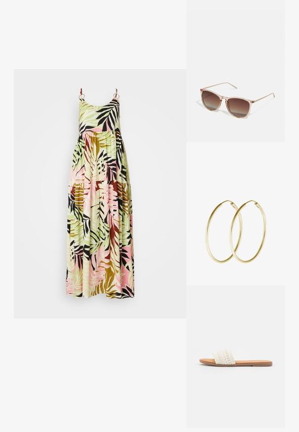 Vestido largo con escote redondeado y tirantes finos, que presenta un patrón de hojas tropicales multicolores en verdes, rosas y marrones.; Sandalia deslizante blanca tejida con textura trenzada y cuentas decorativas, que cuenta con una plantilla suave en tono marrón y suela plana de goma.; Gafas de sol con degradado marrón y un marco translúcido rosa, forma cuadrada y brazos de metal delgados. Presenta bordes redondeados y un diseño minimalista.; Pendientes de aro de oro con un diseño suave y redondeado y un acabado brillante. Construcción ligera con un cierre de broche seguro.