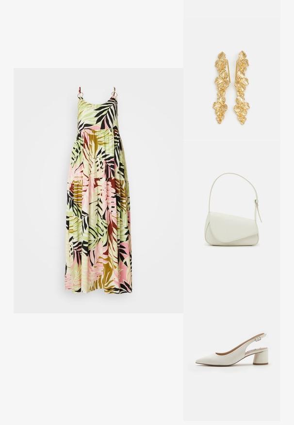 Maxi jurk met een ronde halslijn en dunne bandjes, voorzien van een meerkleurig tropisch bladerenpatroon in groen, roze en bruin.; Witte leren slingback pump met een spitse neus, middelhoge blokhak en verstelbare strap. Gladde textuur; minimalistisch ontwerp.; Witte nepleren handtas met een gestructureerde driehoekige vorm, een enkele verstelbare schouderriem en een klep met ronde accenten.; Gouden oorbellen ontworpen als watervallen van bladeren, met gedetailleerde bladvormen en een glanzende metalen afwerking. Lichtgewicht met een delicate structuur.