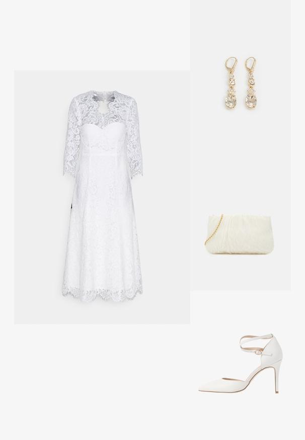 Robe en dentelle blanche avec des manches trois-quarts, des motifs floraux complexes, un corsage ajusté et une jupe fluide avec un ourlet festonné.; Chaussure à talon haut blanche avec un bout pointu, une bride de cheville et une finition en cuir texturé. Présente un design élégant et un talon aiguille fin.; Sac à main texturé blanc avec un design froncé, doté d'une bandoulière en chaîne dorée. Fini lisse avec des ondulations subtiles et des bords arrondis.; Boucles d'oreilles pendantes dorées présentant un cristal ovale transparent à la base, rehaussé de plus petits cristaux et de détails floraux au-dessus.