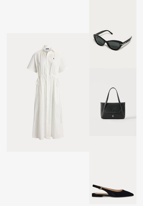Vestido midi blanco de manga corta con cuello, cierre frontal de botones, lazos ajustables en la cintura y pequeño logo bordado en el pecho.; Zapato plano slingback de ante negro con punta puntiaguda, tacón bajo y correa ajustable con hebilla dorada.; Gafas de sol de estilo gato negro con lentes oscuros, marco de plástico brillante y acentos de hardware plateado en las patillas. Textura suave en toda la superficie.; Bolso de mano de cuero negro con dos asas, solapa frontal con cierre de botón, costuras blancas y pequeño logo de caballo sobre un fondo liso.