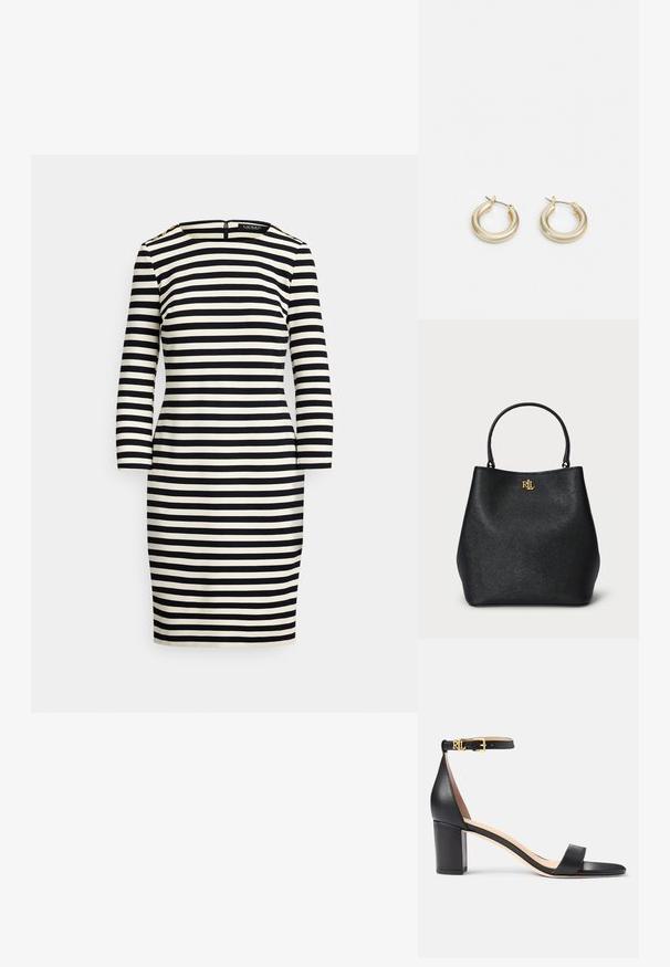 Musta ja kermahorisontaaliraidallinen mekko, jossa on venekaula-aukko, pitkät hihat ja vetoketju takana. Koristeena olkapäillä kultakoristeiset napit.; Lauren Ralph Lauren LOGAN BURNISHED LEATHER SANDAL - Sandaalit nilkkaremmillä - black; Musta keinonahkainen olkipussi, jossa on teksturoitu pinta, kaareva muoto ja kullanvärinen logo edessä. Varustettu kahdella tukevalla kahvalla.; Lauren Ralph Lauren BASIC SMALL HOOP - Korvakorut - gold-coloured