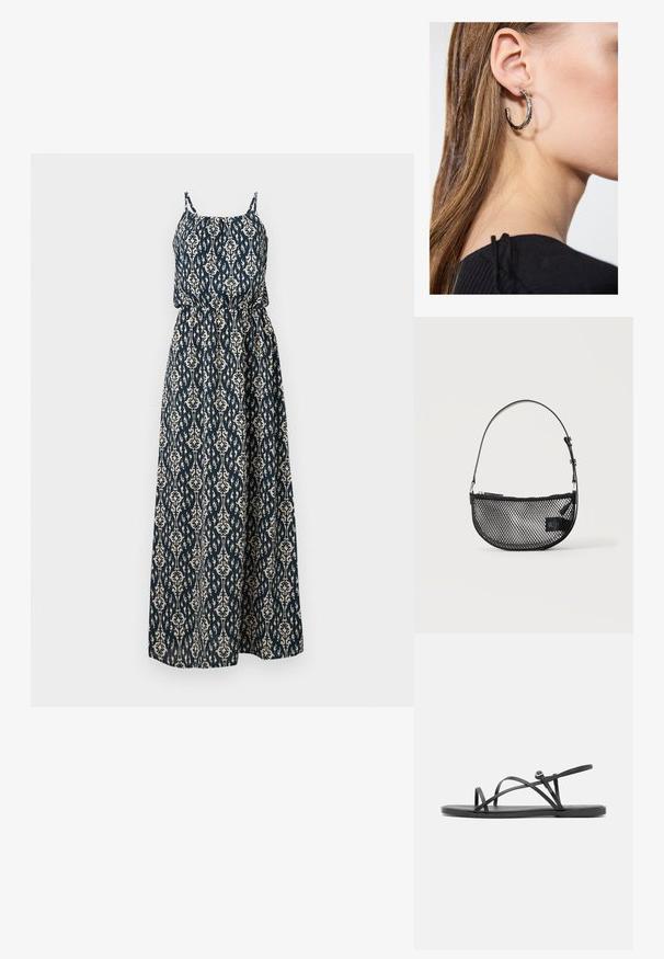 Mouwloze maxi-jurk in marineblauw en wit met een nauwsluitende taille en een fijnbladig bladmotief over de hele stof.; Zwarte platte sandalen met dunne, kruislings gespen, open teenontwerp en een minimalistische zool. Bevat een klein gespdetail voor aanpassing.; Zwarte mesh halve maan handtas met een korte verstelbare leren riem en ritssluiting op een effen lichte achtergrond.; Zilveren oorbel met een gepolijste afwerking, met kleine gouden accentdetails en een ronde vorm, gedragen op de oorlel.