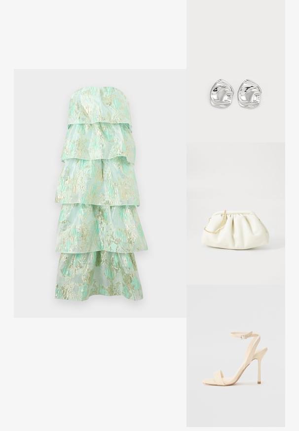 Mintgroene strapless jurk met gelaagde tiers en een metallic gouden bloemenpatroon, getoond tegen een effen witte achtergrond.; Beige hoge hak sandaletten met een slanke enkelband en vierkante neus. Gladde synthetische materialen, minimalistisch ontwerp en een stiletto hak.; Witte leren handtas met een geassembleerd ontwerp, voorzien van een gouden kettingband en een ronde vorm. Gladde textuur met zachte plooien en geen patronen.; Zilveren abstracte studs met een gepolijste afwerking, met gladde rondingen en subtiele contouren. Geen zichtbare patronen of accenten.