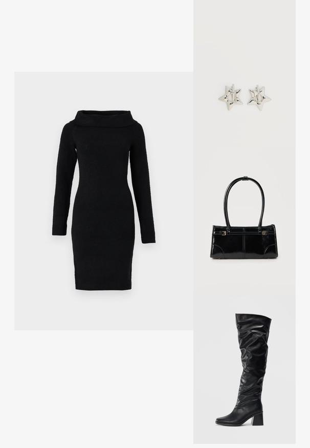 Schwarzes langärmeliges Strickkleid mit weitem, schulterfreiem Ausschnitt, taillierter Silhouette und knielangem Saum.; Schwarze kniehohe Stiefel aus glänzendem Leder mit einem lässigen Design, spitzer Zehenpartie und einem stabilen Blockabsatz. Sanfte Textur mit subtiler Glanz.; Glänzende schwarze rechteckige Handtasche mit zwei dünnen Schulterriemen und kleinen goldenen Schnallen vorne.; Silberne, sternförmige Creolen mit einer glatten, polierten Oberfläche auf weißem, schlichtem Hintergrund.