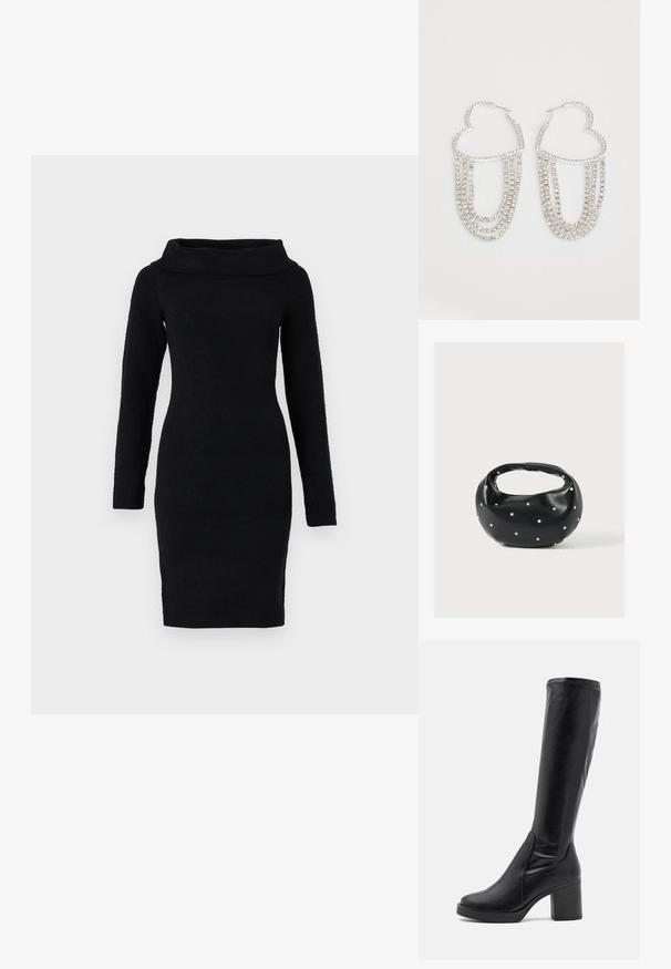 Zwarte gebreide jurk met lange mouwen, een off-shoulder brede kraaglijn, een aangesloten silhouet en een lengte tot de knie.; Zwarte kniehoge laarzen van gladleer met een chunky hak en een ronde neus. Heeft een naadloos ontwerp en subtiele stiksels.; Zwarte leren handtas met een afgeronde vorm, versierd met zilveren studs, en een korte handgreep. Gladde textuur en ritsluiting.; Zilveren oorringen in de vorm van een hart, versierd met watervalletjes van heldere rhinestones voor extra sprankeling en textuur.