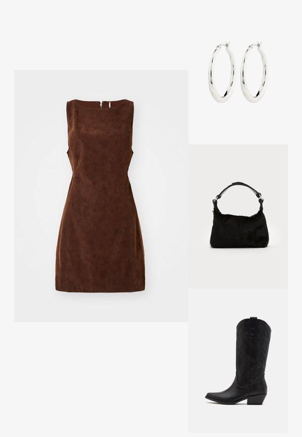 Robe sans manches marron en tissu texturé, à la forme ajustée et avec une fermeture éclair dans le dos. Design épuré sans motifs ni accents supplémentaires.; Botte de cowboy en cuir noir avec un bout pointu, un talon bas empilé et un motif de feuilles embossé complexe sur la tige. Boucle en haut pour un enfilage facile.; Sac à main en fausse fourrure noire avec une texture douce, une forme arrondie et une bandoulière en cuir noir robuste. Accent en métal argenté visible.; Boucles d'oreilles créoles en argent avec une finition lisse et brillante. Forme circulaire, dotée d'un fermoir sécurisé. Design simple et élégant.