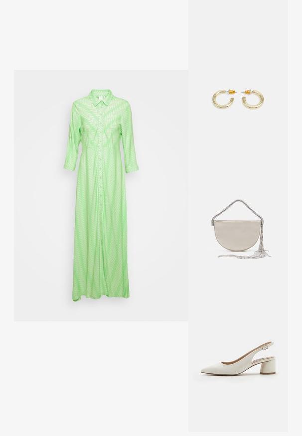 YAS Petite YASSAVANNA LONG SHIRT DRESS - Vestido largo - summer green; Zapato de tacón destalonado de cuero blanco con punta afilada, tacón bloque de altura media y correa ajustable. Textura suave; diseño minimalista.; Bolso de mano en forma de media luna en satén beige con una cadena plateada brillante y detalle de flecos. Textura suave con diseño minimalista.; Pendientes de aro en tono dorado con una forma suave y redondeada y un acabado pulido. Presentan acentos naranjas en la parte trasera para un ajuste seguro.