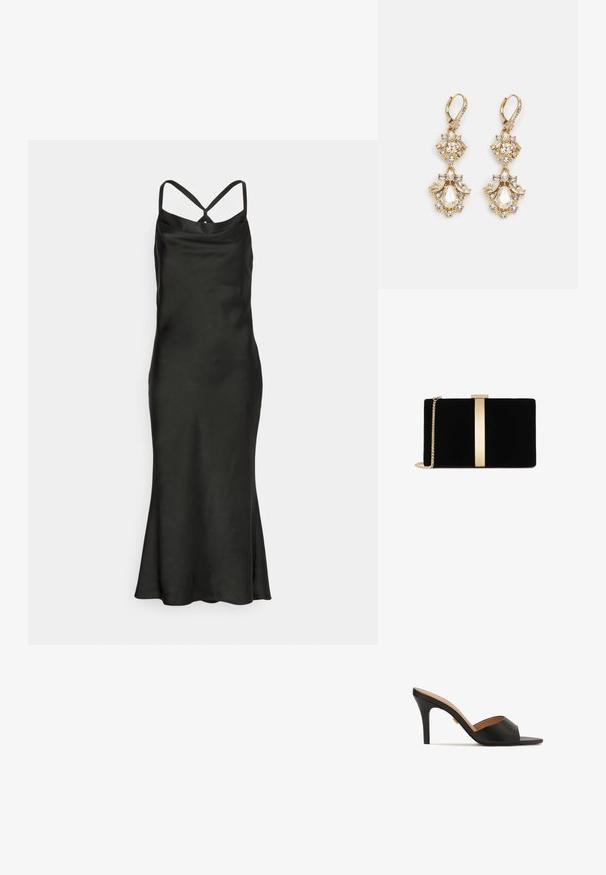 Jarlo Petite BIBI - Cocktail φόρεμα / Φόρεμα για πάρτι - black; Μαύρες ανοιχτές μύτες ψηλές γόβες με λεία δέρμα, αμυγδαλωτό μπροστινό μέρος και κομψό στιλέτο τακούνι. Ορατή λεπτομέρεια σε χρυσό τόνο.; Μαύρη βελούδινη τσάντα χειρός με χρυσή μεταλλική λεπτομέρεια στο κέντρο, διαθέτει αλυσίδα και κομψό ορθογώνιο σχήμα.; Κρεμαστά σκουλαρίκια σε χρυσό τόνο με σχέδιο σμήνους, που διαθέτουν στρογγυρους και σταγόνες από διάφανα κρύσταλλα, επιδεικνύοντας περίπλοκες λεπτομέρειες.