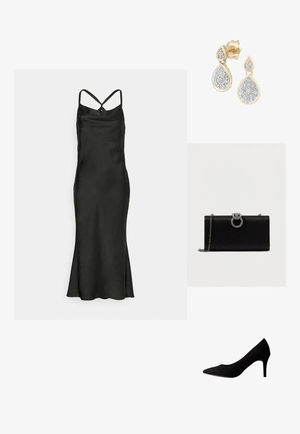 Jarlo Petite BIBI - Vestido de cóctel - black; Zapato de salón de ante negro con tacón alto, punta puntiaguda y textura suave, con un tacón delgado y costuras sutiles a lo largo de los bordes.; Bolso de mano de satén negro con un cierre circular en tono plateado adornado con strass, cuenta con una correa de cadena desmontable.; Pendientes en forma de lágrima con un marco dorado y acentos plateados, adornados con múltiples piedras redondas brillantes en una disposición decorativa.