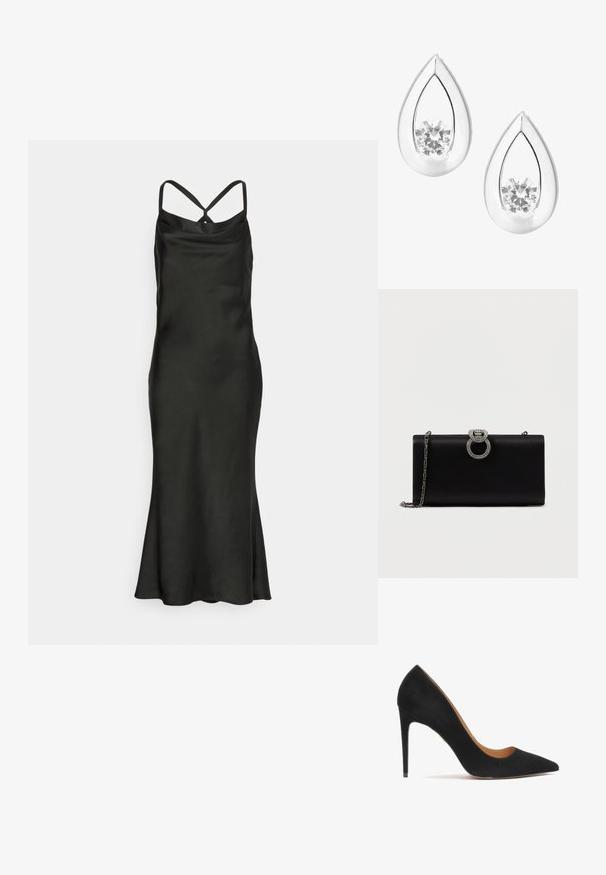 Jarlo Petite BIBI - Vestido de cóctel - black; Zapato de tacón alto de ante negro con punta afilada, textura suave y una silueta elegante. Presenta un tacón de aguja delgada y lados abiertos.; Bolso de mano de satén negro con un cierre circular en tono plateado adornado con strass, cuenta con una correa de cadena desmontable.; Pendientes en forma de lágrima de plata con un cristal redondo y transparente en el centro, con un acabado pulido y un diseño abierto.
