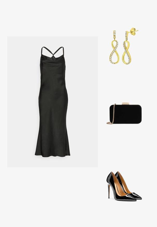 Jarlo Petite BIBI - Vestido de cóctel - black; Par de tacones altos de charol negro brillante con punta afilada, tacones de aguja y forro interior color beige sobre fondo blanco.; Clutch de terciopelo negro con herrajes en tono dorado, de forma rectangular y con correa de cadena, que presenta una textura suave y sin patrones visibles.; Pendientes en tono dorado con forma de símbolo de infinito estilizado, adornados con cristales transparentes de corte redondo a lo largo de los bordes. Cierre a presión.
