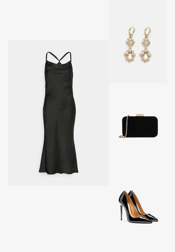 Jarlo Petite BIBI - Cocktail φόρεμα / Φόρεμα για πάρτι - black; Ζευγάρι γυαλιστερών μαύρων παπουτσιών από λουστρίνι με μυτερή μύτη, ψηλό τακούνι στιλέτο και ταμπά εσωτερική επένδυση σε λευκό φόντο.; Μαύρη βελούδινη τσάντα χερούλι με χρυσές λεπτομέρειες, ορθογώνιο σχήμα και αλυσίδα, με λεία υφή και χωρίς ορατά σχέδια.; Κρεμαστά σκουλαρίκια σε χρυσό τόνο με σχέδιο σμήνους, που διαθέτουν στρογγυρους και σταγόνες από διάφανα κρύσταλλα, επιδεικνύοντας περίπλοκες λεπτομέρειες.