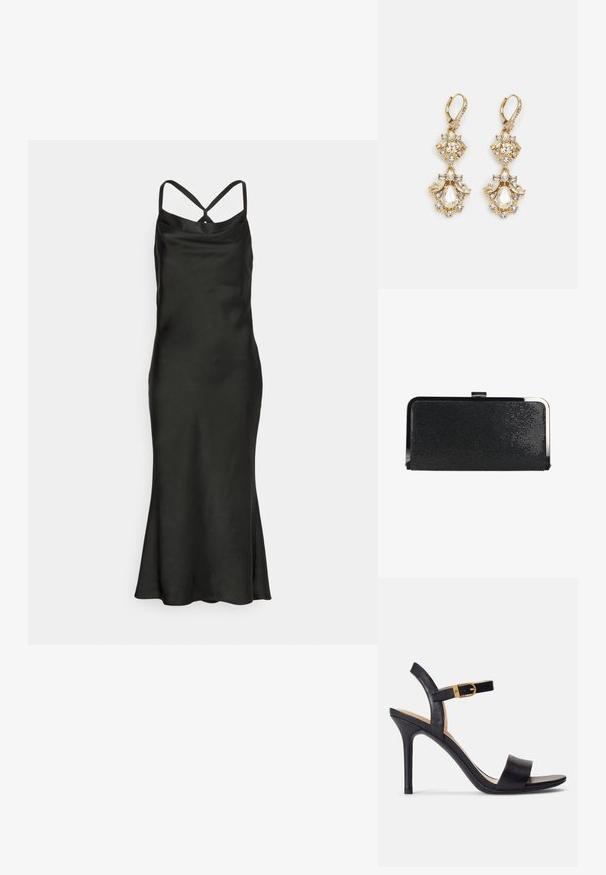 Jarlo Petite BIBI - Cocktailjurk - black; Zwarte hoge hakken sandalen met een glad leren bovenwerk, open neus en een ontwerp met één band met een gouden gespaccent.}}; Zwarte rechthoekige clutch met textuur, zilverkleurig metalen frame en sluiting, op een witte achtergrond.; Gouden hangoorbellen met een clusterontwerp, versierd met ronde en druppelvormige heldere kristallen, die zich kenmerken door ingewikkelde details.