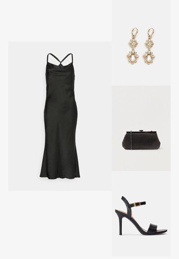 Jarlo Petite BIBI - Cocktailkleid/festliches Kleid - black; Schwarze Sandalen mit hohen Absätzen und glattem Leder-Obermaterial, offene Zehenpartie und einem Design mit einem einzigen Riemen, verziert mit einer goldenen Schnalle.; Schwarze Mesh-Clutch mit strukturierter Silhouette, verziert mit kleinen metallic-nieten, besitzt einen Verschluss mit Klappe und einen abnehmbaren Kettenriemen.; Ohrringe mit Gold-Finish im Design eines Clusters, das runde und tropfenförmige klare Kristalle zeigt und aufwendige Details präsentiert.