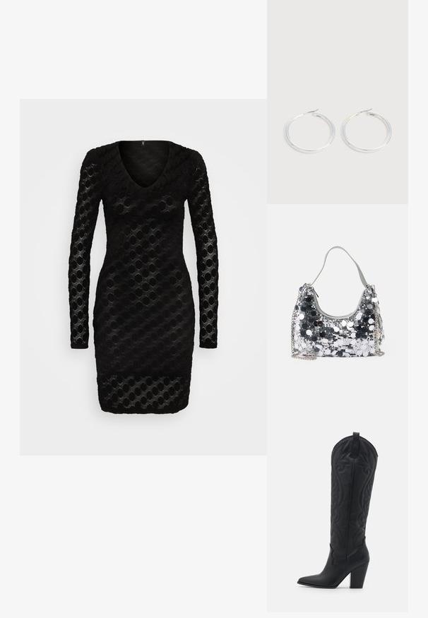 ONLY ONLRIE V NECK DRESS - Hverdagskjole - black; Zign LEATHER - Cowboy- / bikerstøvler - black; Sølvglitrende håndtaske med rund form, blød håndtag og sølvfarvet kædestrop. Har en lynlåslukning og reflekterende detaljer.; Par skinnende sølvøreringe med tynde trådlåse, vist på en lys grå baggrund.