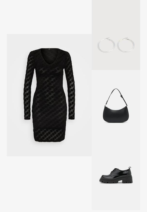 ONLY ONLRIE V NECK DRESS - Vestido informal - black; Zapatos de charol negros con una suela de plataforma gruesa y cordones gruesos. Punta redondeada, detalles mínimos y una pequeña lengüeta en la parte trasera.; Pieces PCALUANA SHOULDER BAG - Bolso de mano - black; Pareja de pendientes de aro plateados brillantes con cierres de alambre delgado, mostrados sobre un fondo gris claro.