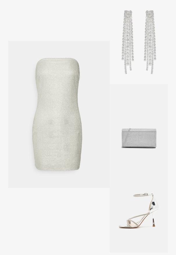 Noisy May STRAPLESS DRESS - Cocktailkjole / festkjole - silver; Sølv højhælede sandal med en snøredesign, glitrende materiale, rhinsten accenter og en slank ankelrem. Firkantet tå og poleret hæl.; Sølvmetallic clutchtaske med vævet netdesign, rektangulær form og en kædestrop til at bære. Glat tekstur og poleret finish.; Lange sølvøreringe med en række klare, facetterede krystaller i kaskadeformede strenge med varierende længder og former.