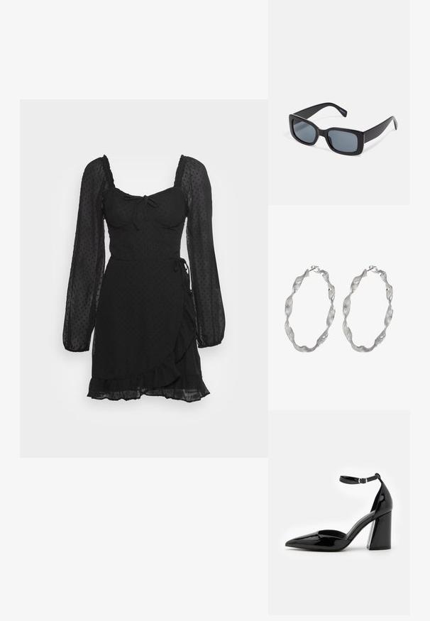 Hollister Co. DRESS - Jurk - black; Zwarte lakleren hoge hak met een spitse neus, enkelbandje en brede blokhak voor stabiliteit, met een gladde glanzende textuur.; Zwarte rechthoekige zonnebril met donkere getinte lenzen, een dik plastic montuur en brede scharnieren. Glad oppervlak en hoekig ontwerp.; Zilveren ringoorbellen met een gedraaide ontwerp, met een gestructureerd oppervlak en een veilige sluiting. Lichtgewicht en reflecterend met een vloeiende afwerking.