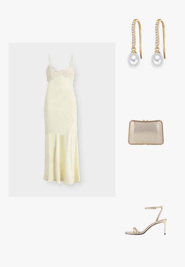 Bardot ELISAN MAXI DRESS - Cocktailkjole / festkjole - ivory; Guldmetallic højhælede sandal med en tynd rem omkring anklen, åben tå og slanke krydsremme. Blank finish med sort sål.; Lille beige clutchpung med tekstureret overflade og guldfarvet metalramme og lås.; Guldtonede øreringe med et buet krogdesign prydet med små klare sten og en enkelt hvid perle forneden.
